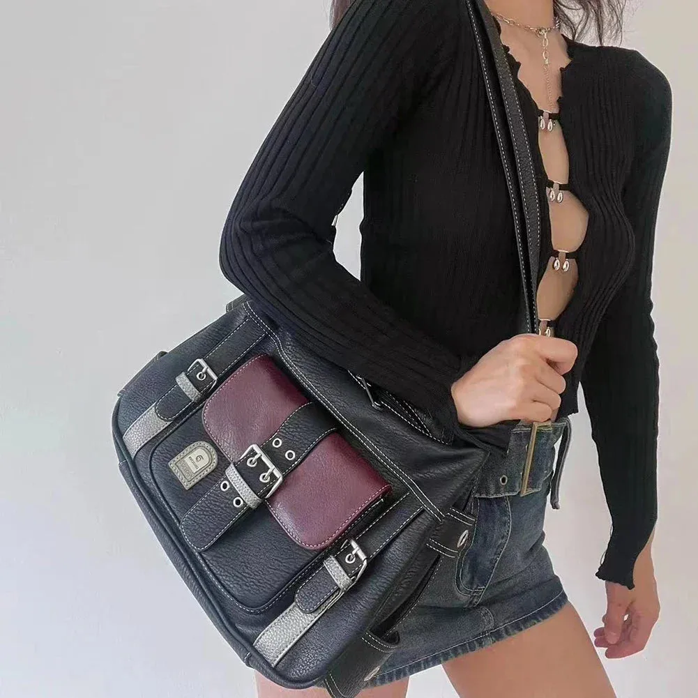 binfenxie Y2K Vintage Crossbody Bag Women's Tote High Quality PU Leather Shoulder Bag Hip Hop Messenger Bag Female Large Handbag Commuter