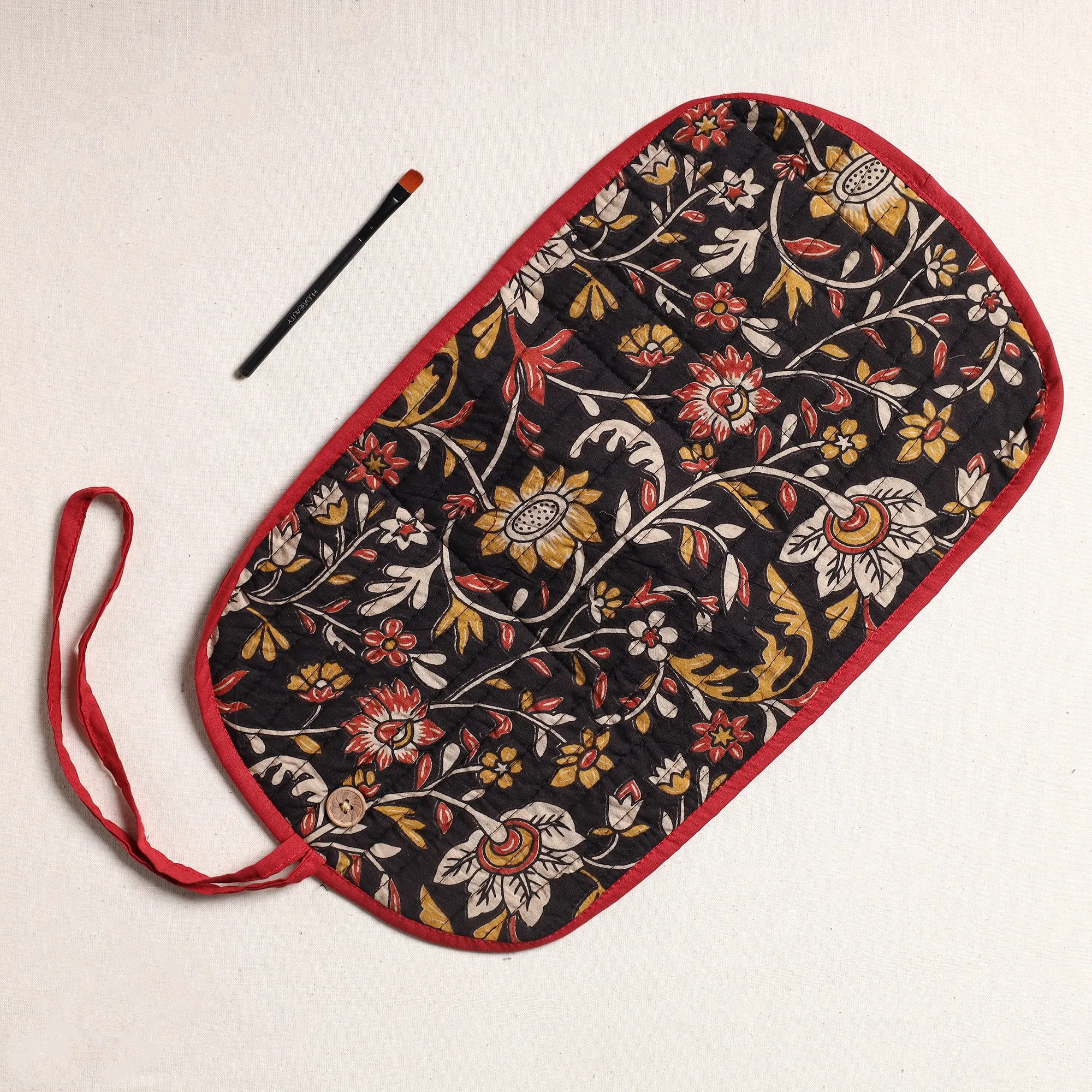 Black - Kalamkari Fabric Multipurpose Segmented Make-up Brush Wrap Pouch/Case