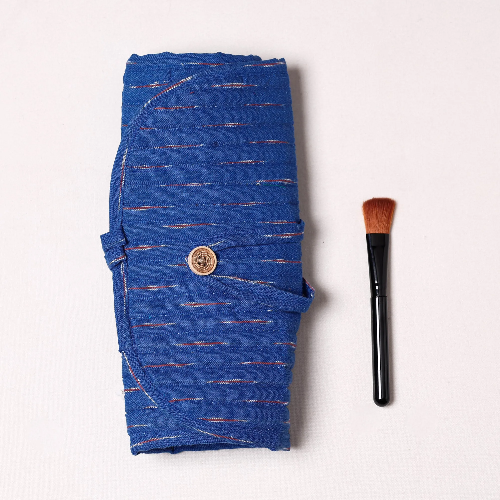 Blue - Ikat Fabric Multipurpose Segmented Make-up Brush Wrap Pouch/Case