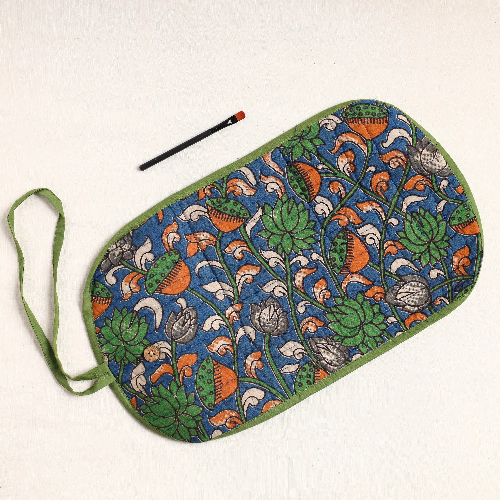 Blue - Kalamkari Fabric Multipurpose Segmented Make-up Brush Wrap Pouch/Case