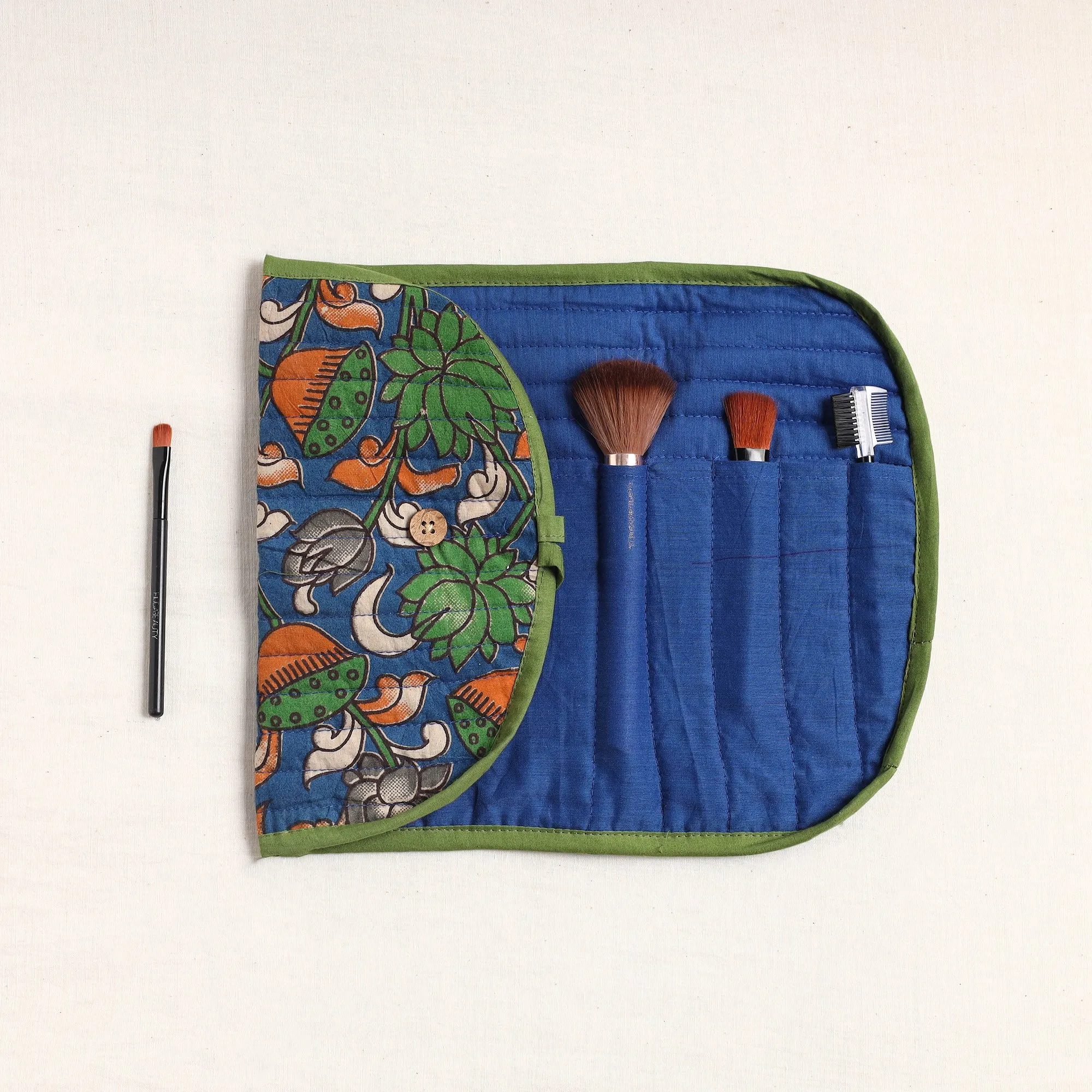 Blue - Kalamkari Fabric Multipurpose Segmented Make-up Brush Wrap Pouch/Case