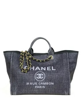 Chanel Black Woven Straw Raffia Medium Deauville Tote Bag