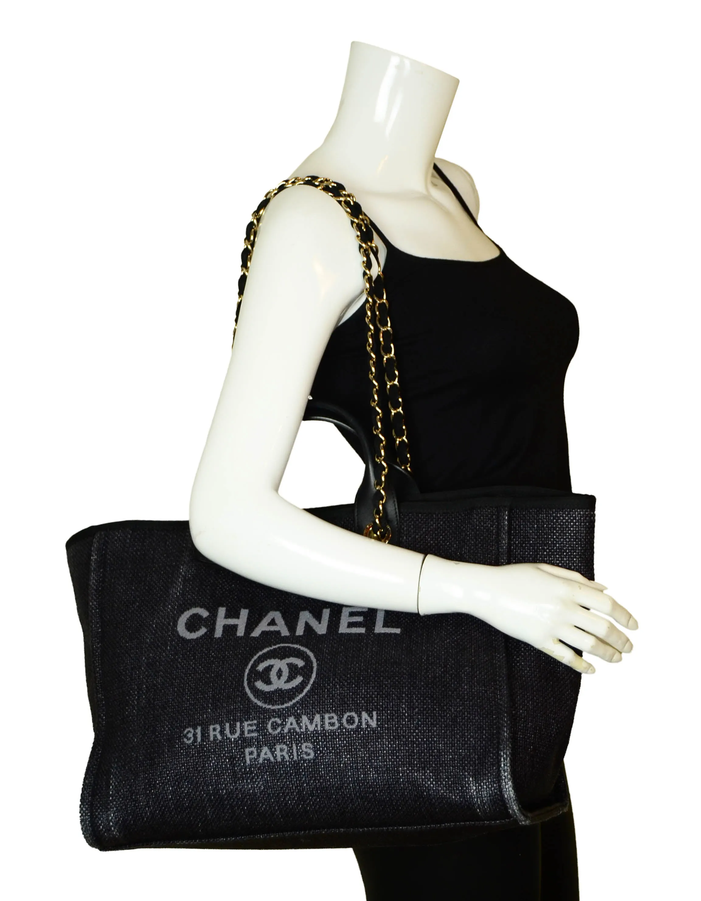 Chanel Black Woven Straw Raffia Medium Deauville Tote Bag