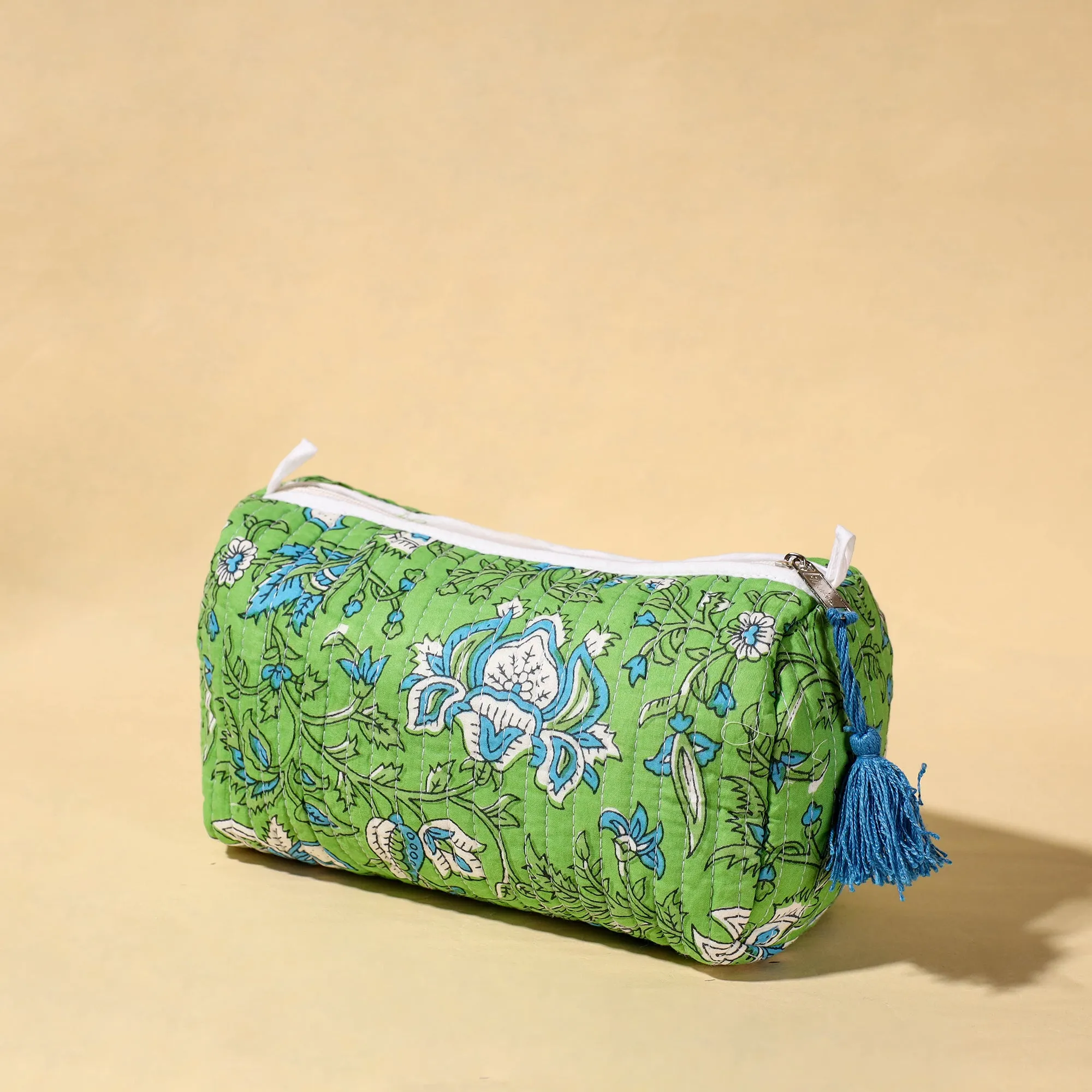 Green - Handmade Cotton Fabric Quilted Utility Pouch With Tassel