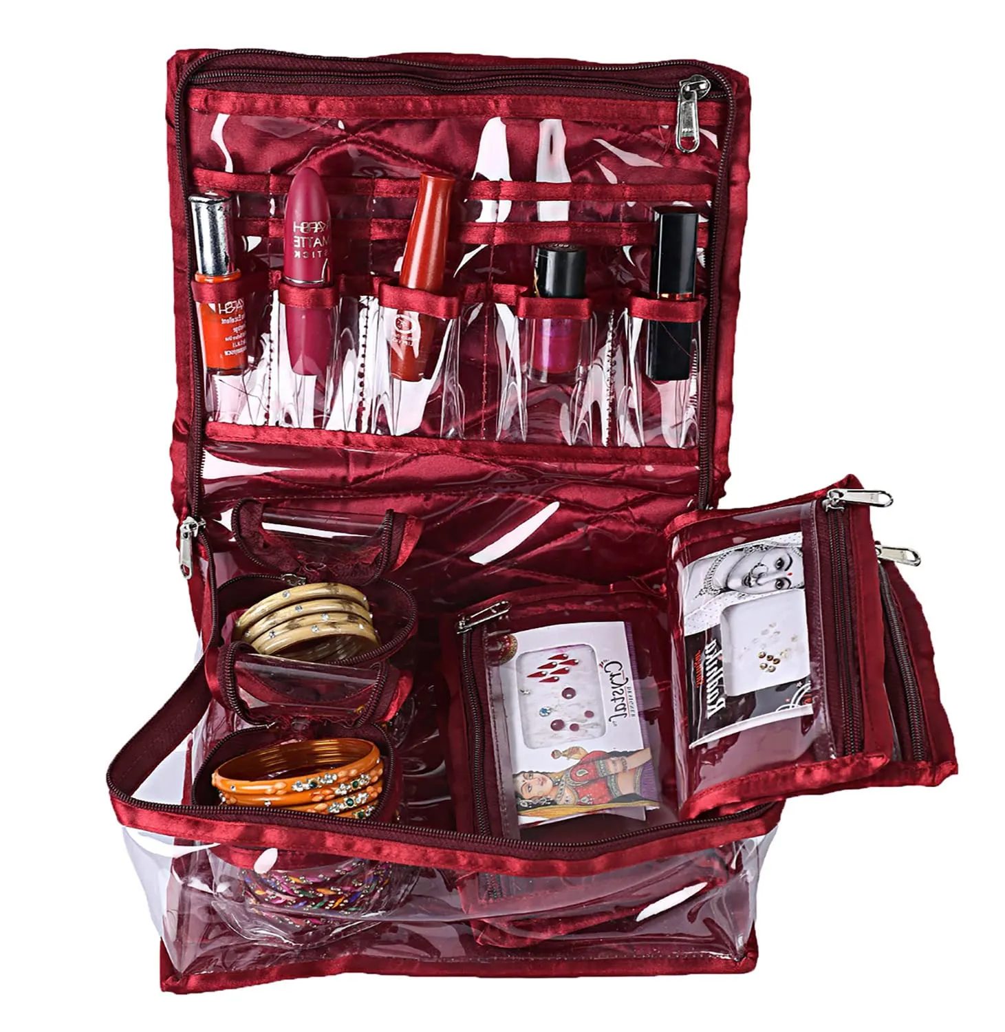 Heart Home Carry Print PVC Laminated Portable Jewellery Organizer With 4 Pouches & 2 Bangle Pouches For Home and Travel (Maroon)