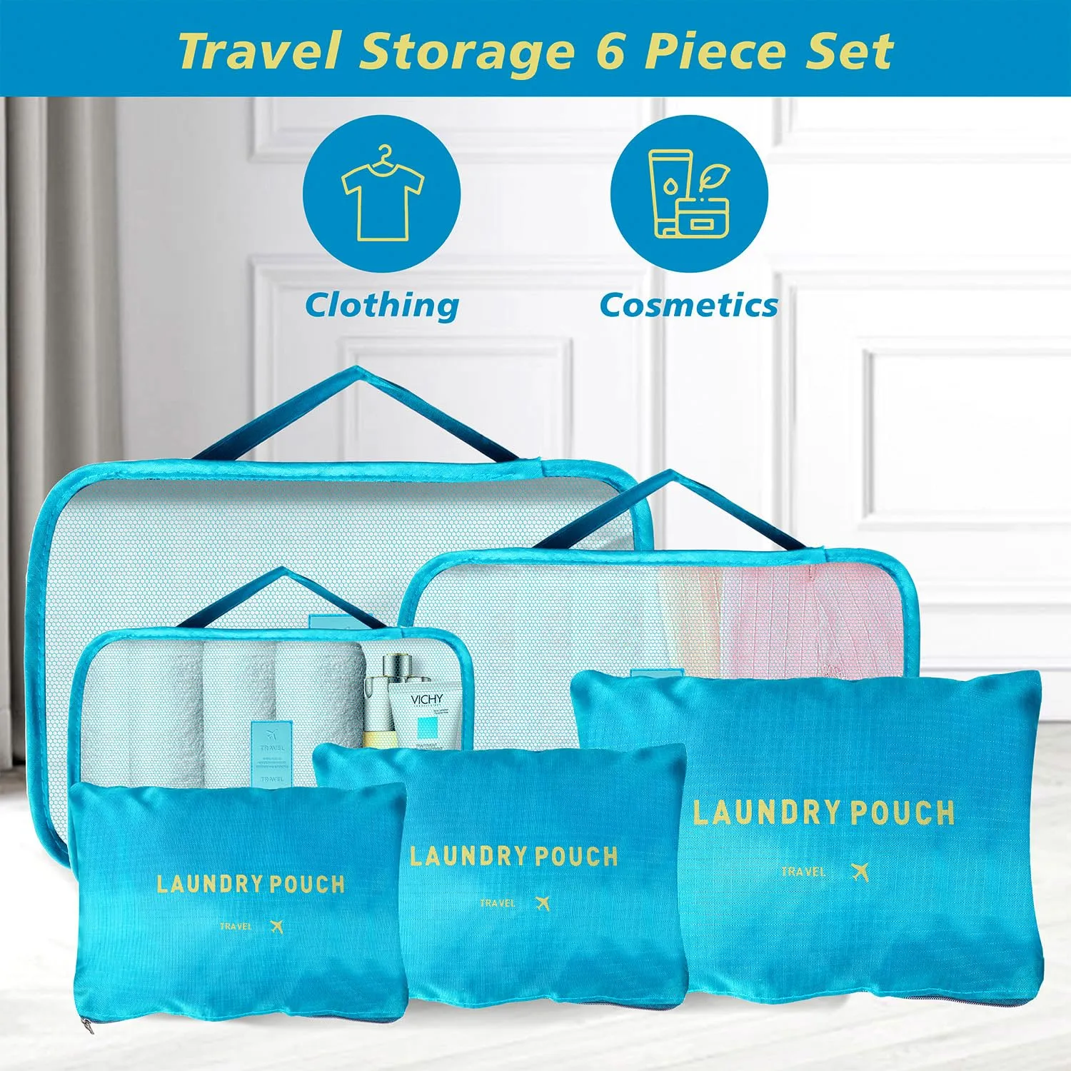 Homestic Pack of 6 Travel Luggage Bag | Toiletry Bag for Jewellery-Watches-Bracelets | Multi-Purpose Storage Bag with Handle | Travel Utility Storage Pouches | LYN16-BLE | Blue