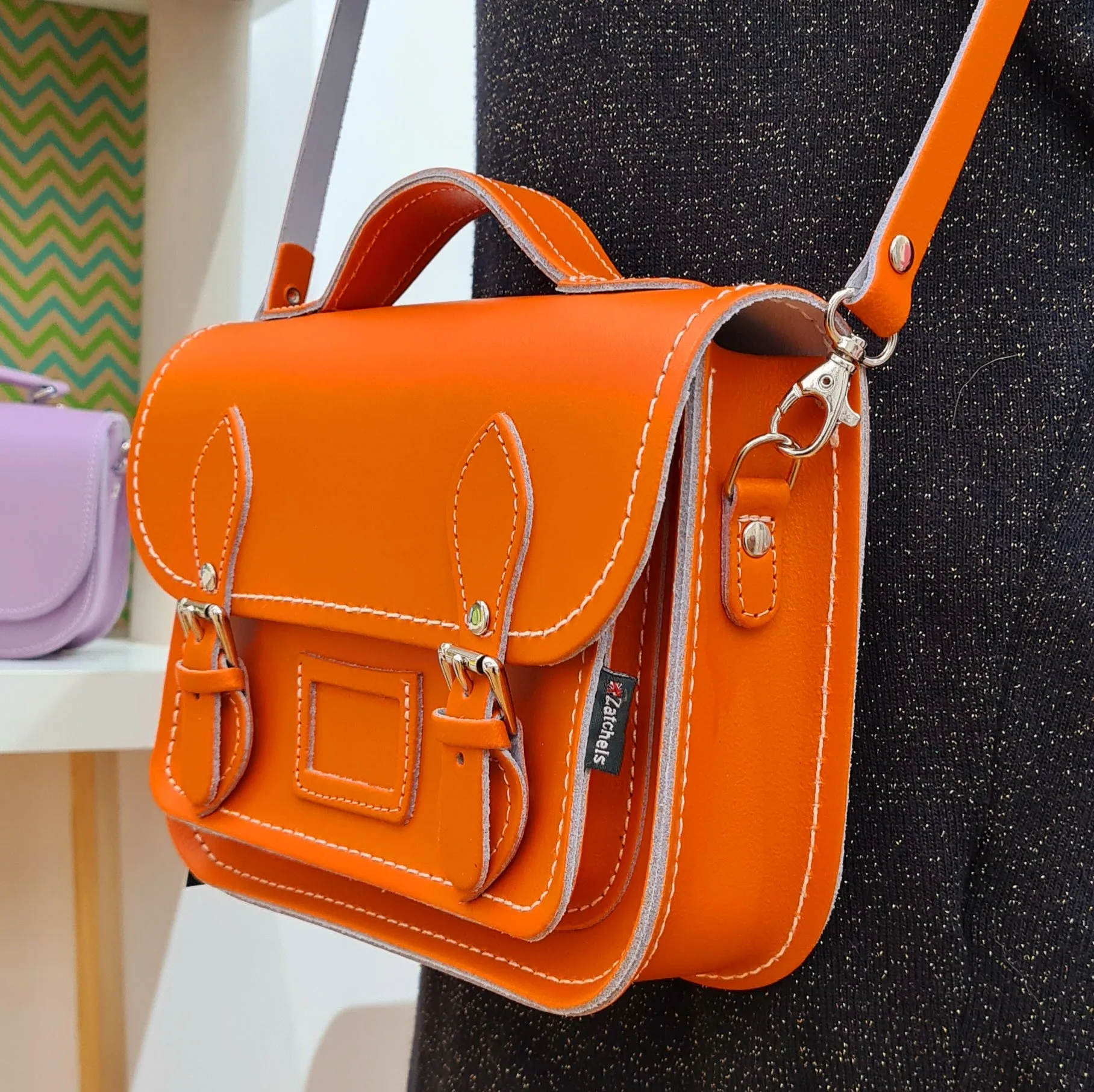 Leather Midi Satchel - Orange