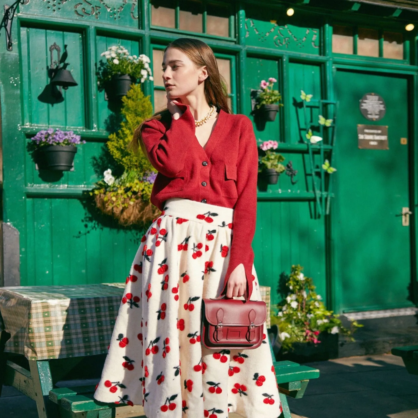 Leather Midi Satchel - Red