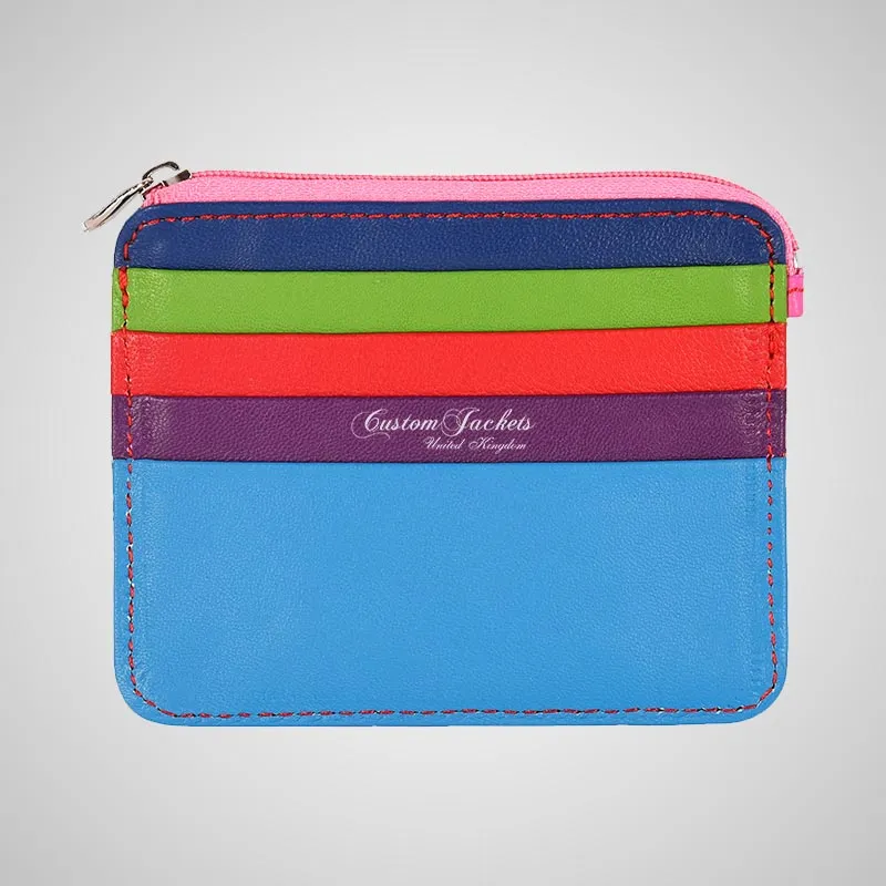 Multi Colored Leather Zip Coin Pouch & Card Holder