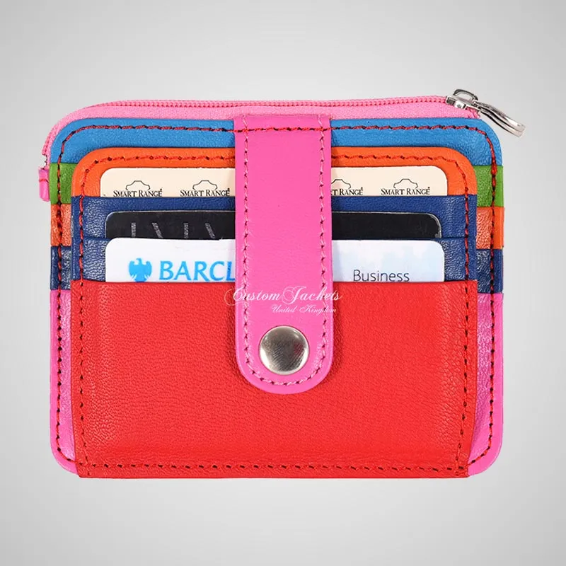 Multi Colored Leather Zip Coin Pouch & Card Holder