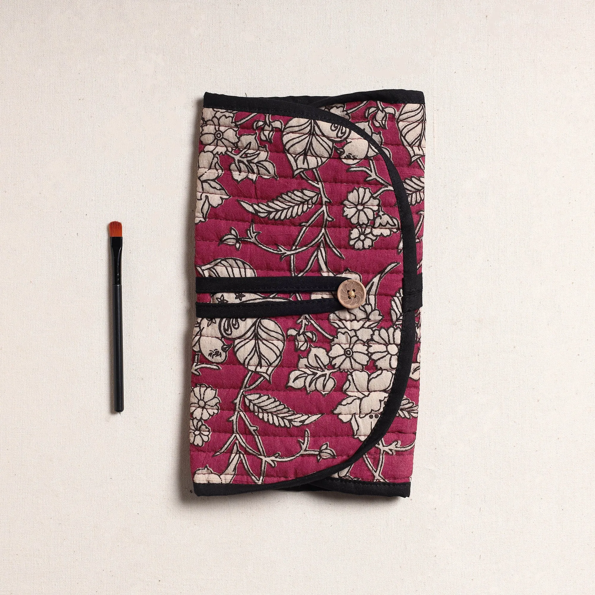 Purple - Kalamkari Fabric Multipurpose Segmented Make-up Brush Wrap Pouch/Case