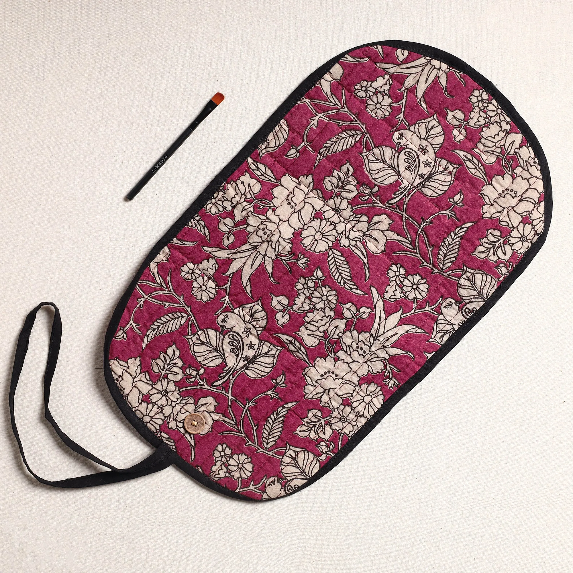 Purple - Kalamkari Fabric Multipurpose Segmented Make-up Brush Wrap Pouch/Case