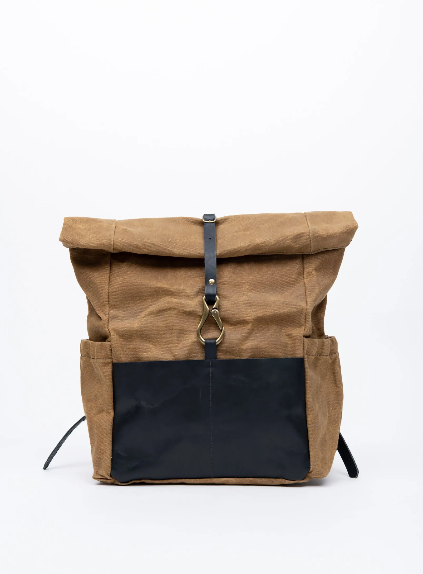 Roll top leather and waxed coton backpack DE LORIMIER model