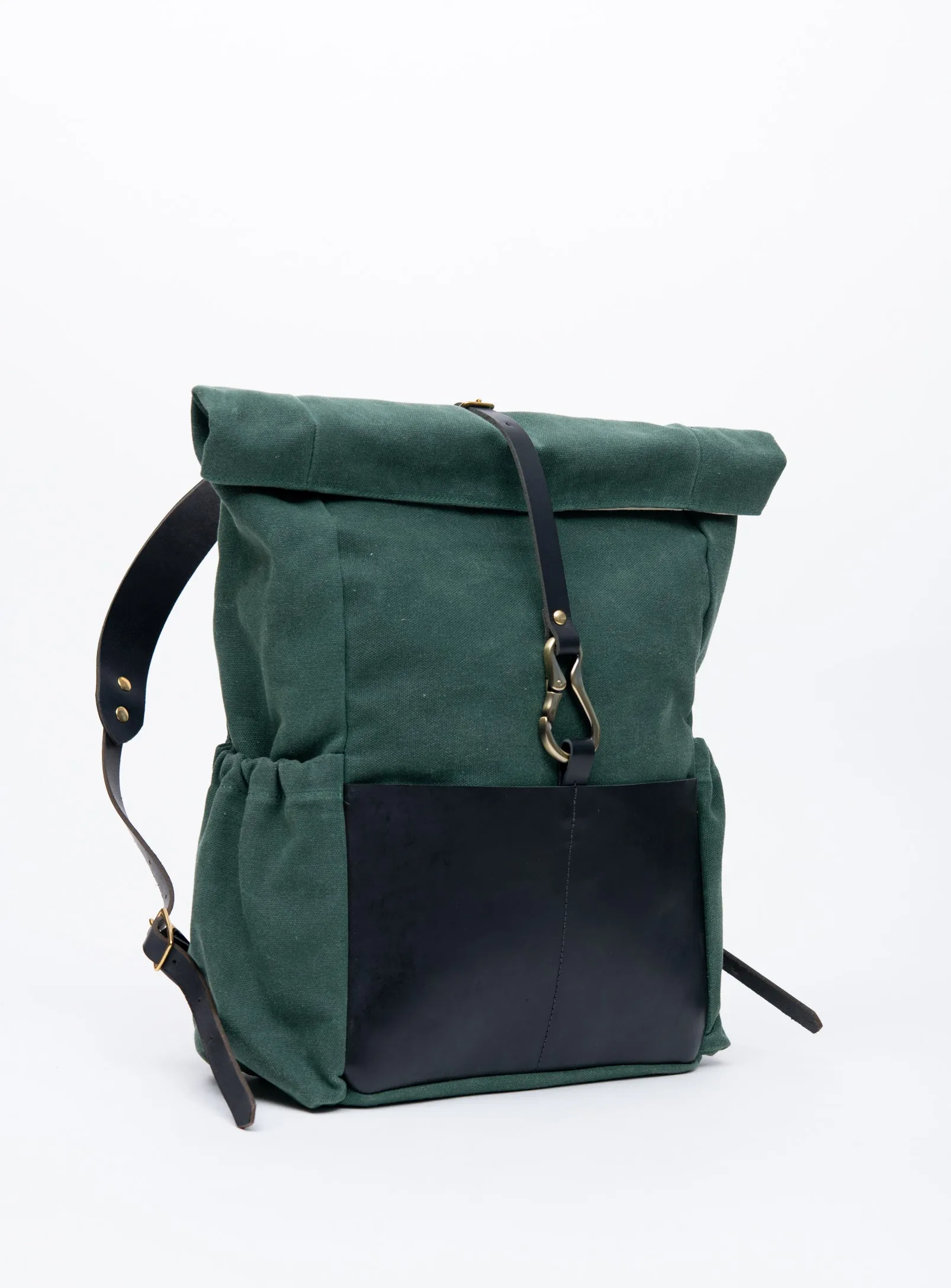 Roll top leather and waxed coton backpack DE LORIMIER model