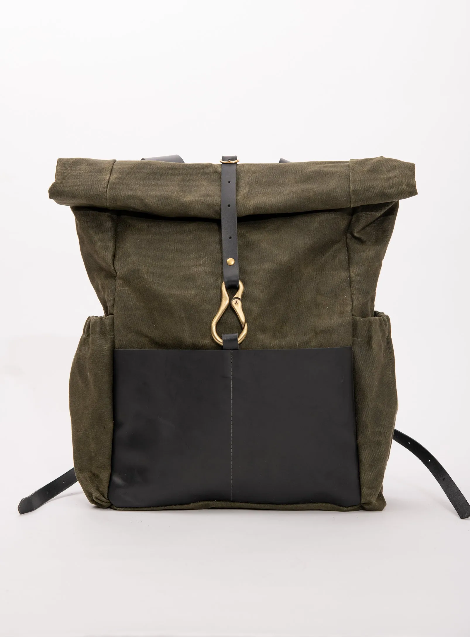 Roll top leather and waxed coton backpack DE LORIMIER model