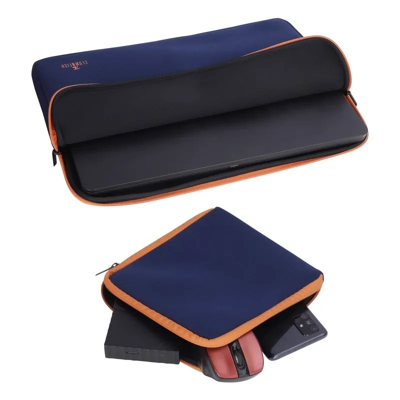 The Clownfish Jawa Series Neoprene Unisex 15.6 inch Tablet Case Laptop Sleeve Laptop Case Slipcase with Zip Pouch (Navy Blue with Orange Top Piping)