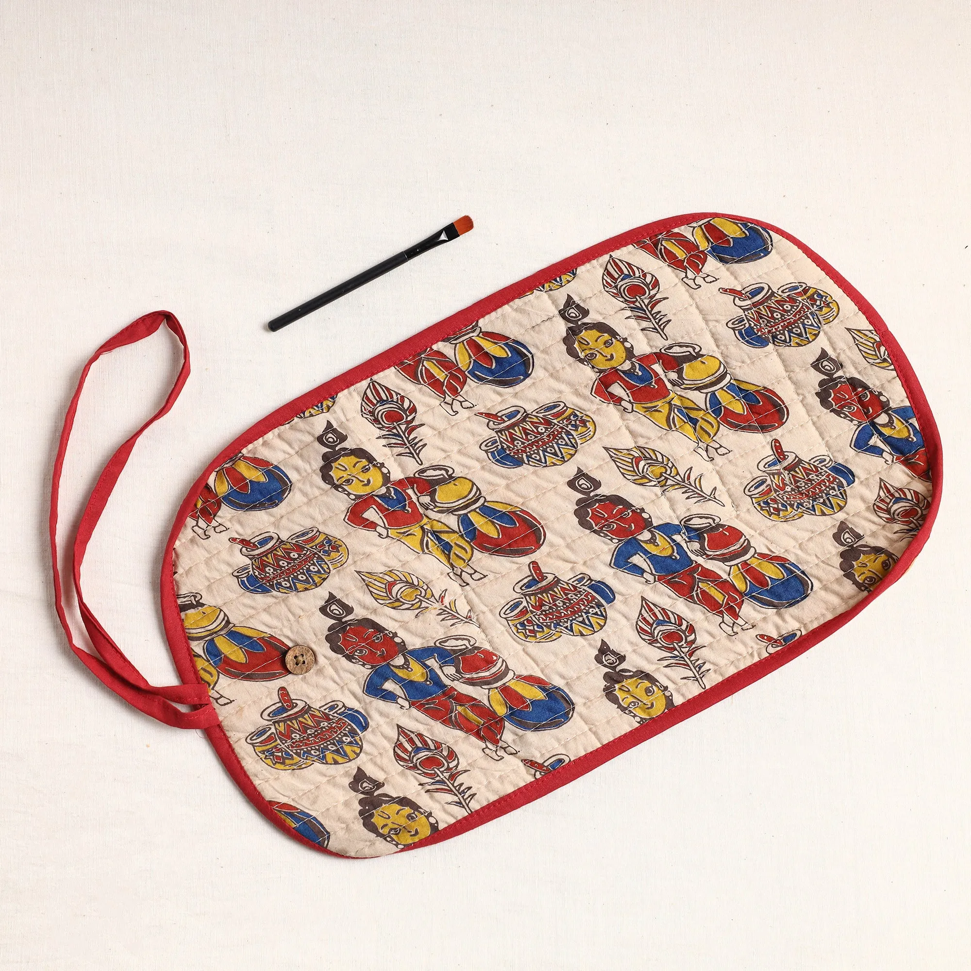 White - Kalamkari Fabric Multipurpose Segmented Make-up Brush Wrap Pouch/Case